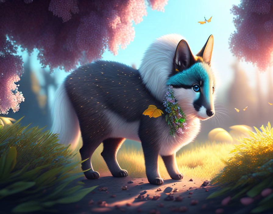 Illustration of a blue-eyed fox in a magical forest with flowers and glowing plants