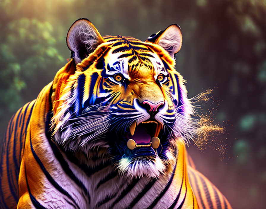 Colorful roaring tiger with collar against blurred foliage.