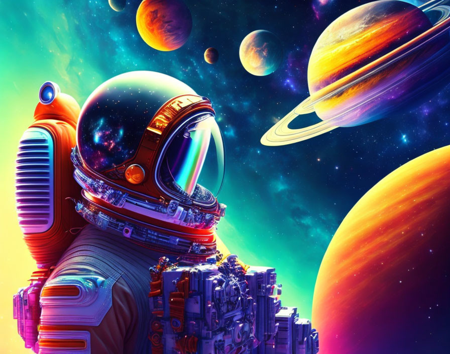 Colorful digital art: astronaut with reflective visor among planets and stars