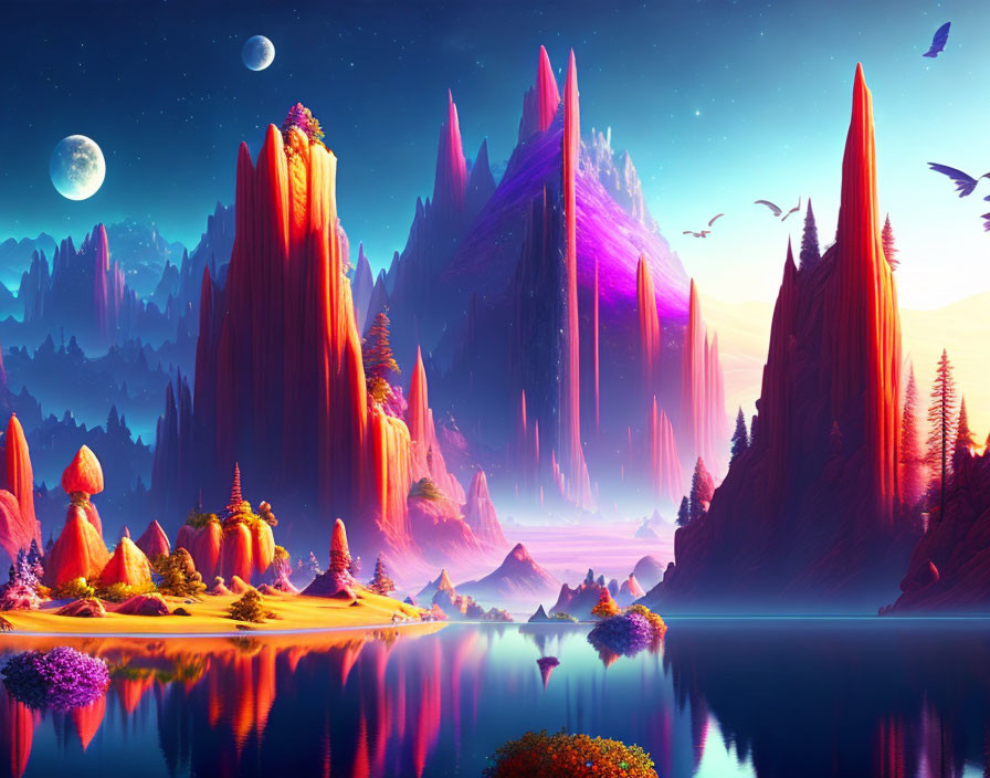 Colorful fantasy landscape with purple mountains, serene lake, and sunset sky