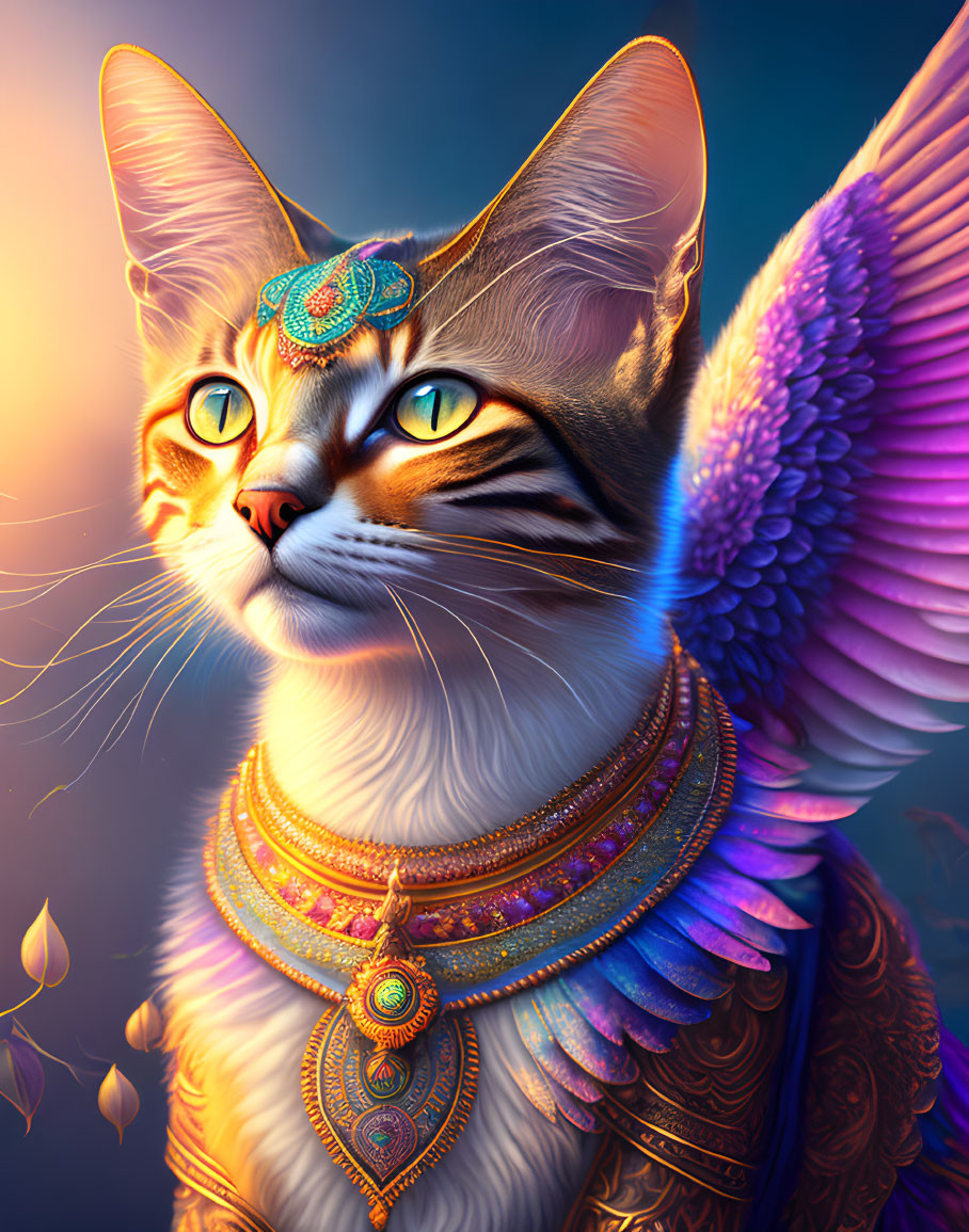 Colorful Feathered Cat with Ornate Jewelry on Warm Gradient Backdrop