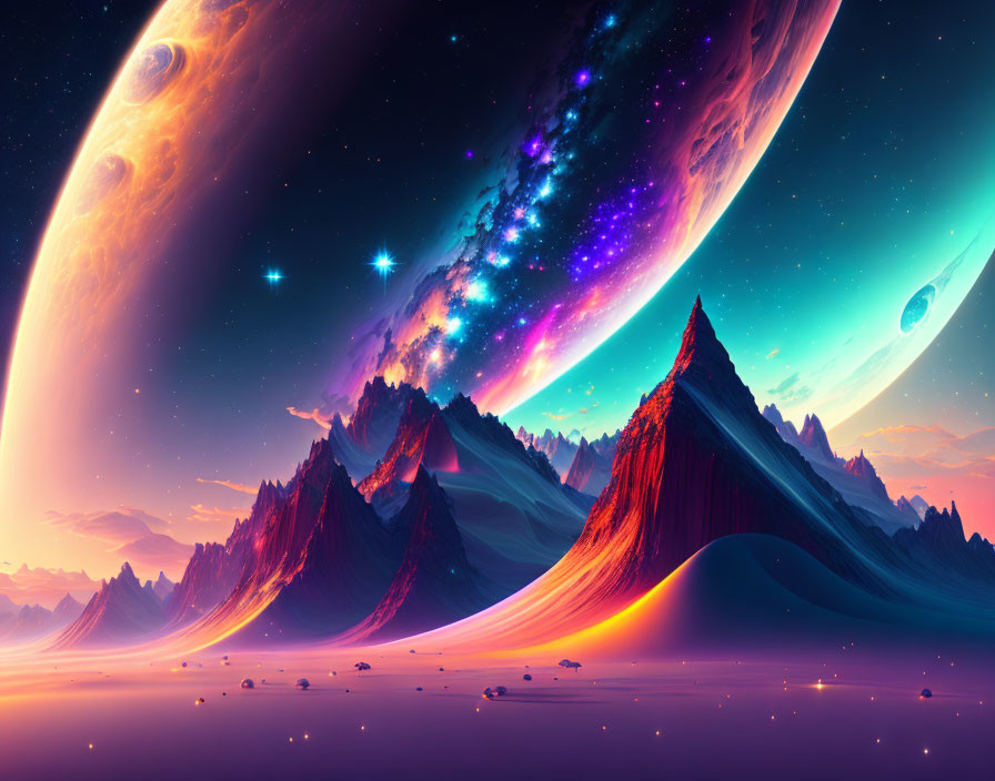 Colorful sci-fi landscape: jagged mountains, nebula-filled sky, giant planets.