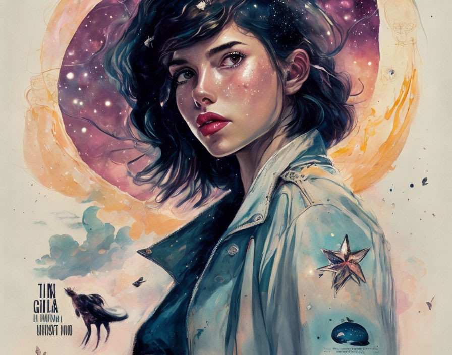 Dark-haired woman in cosmic-themed illustration with vibrant colors and celestial bodies