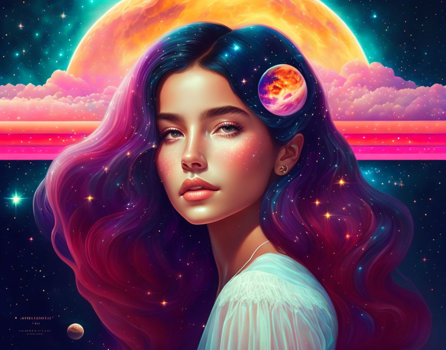 Colorful cosmic hair woman in vibrant space scene