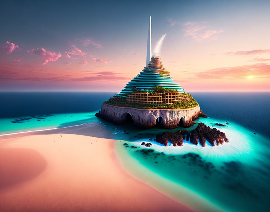 Futuristic conical structure on lush island with pink sand and turquoise water at sunset.