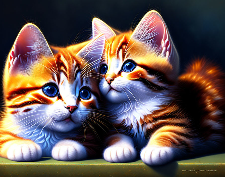 Two orange-striped kittens with blue eyes on dark background