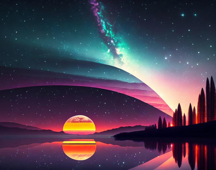 Vibrant sunset over mirrored lake with silhouetted trees and starry sky