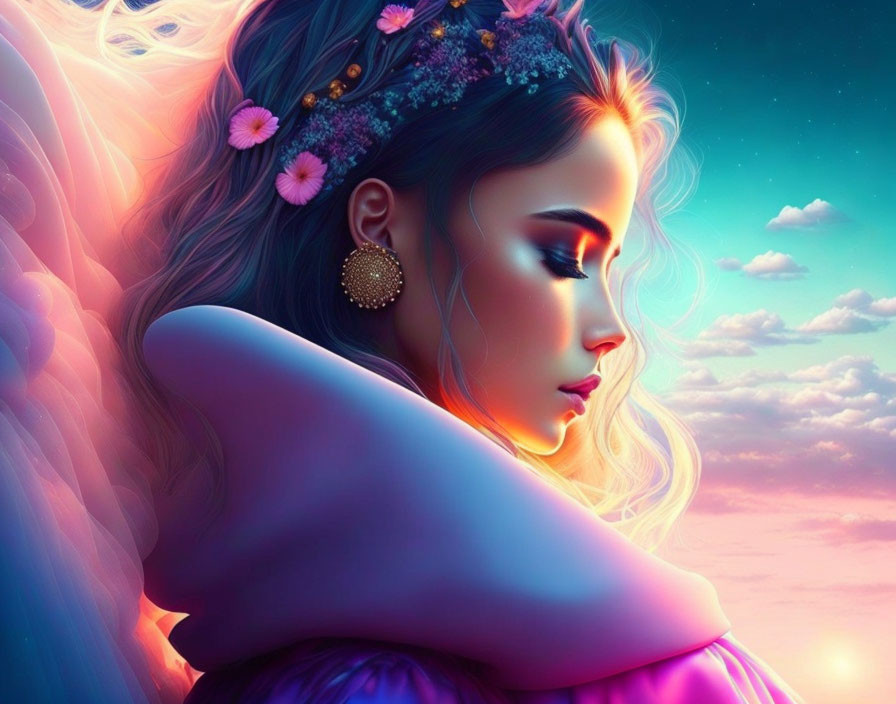 Woman with vibrant makeup and floral hair in digital artwork