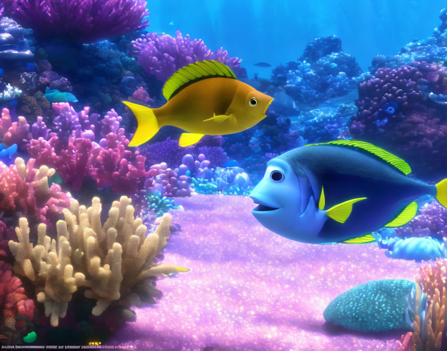 Colorful coral reefs and animated fish in vibrant underwater scene