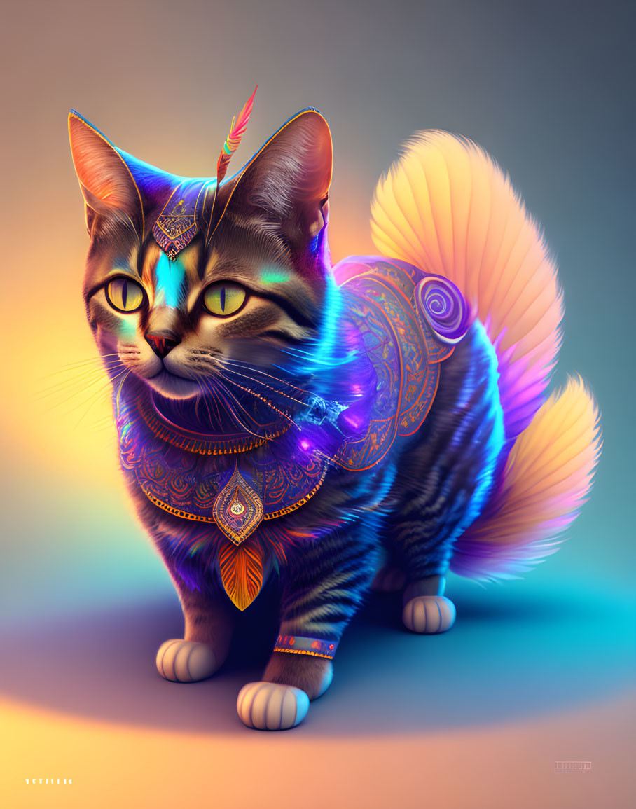 Colorful digital artwork: Cat with feathered design, intricate fur patterns, and ornamental headgear