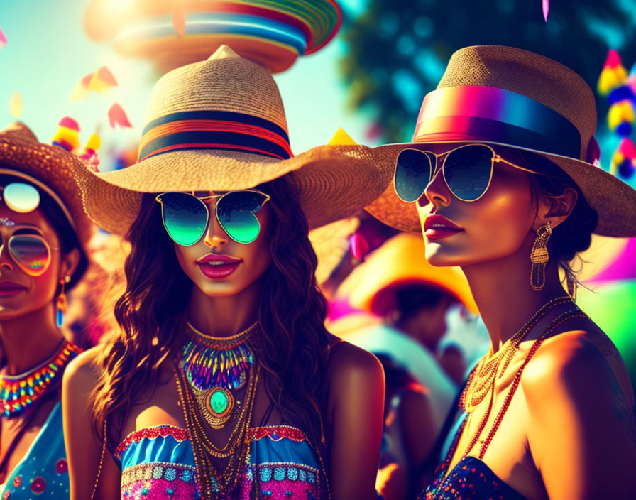 Women at festival in stylish hats and sunglasses with vibrant, colorful attire