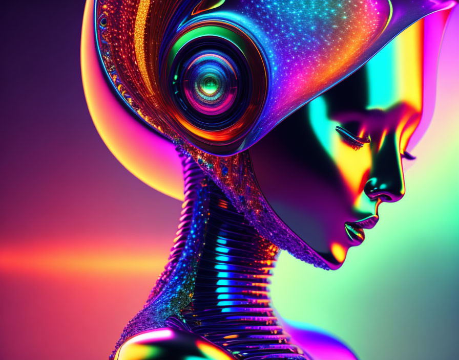 Colorful Cybernetic Enhancements on Futuristic Female Figure