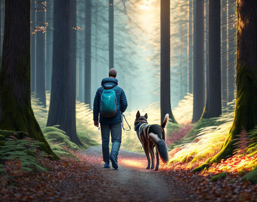 Person walking with dog in forest under warm light