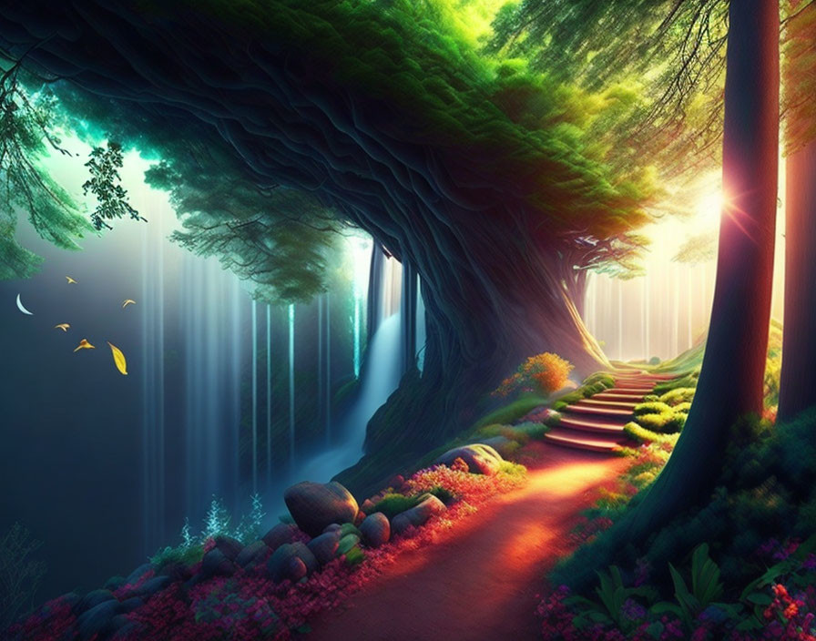 Scenic forest path with vibrant flowers, majestic trees, waterfall, sunlight, and birds.