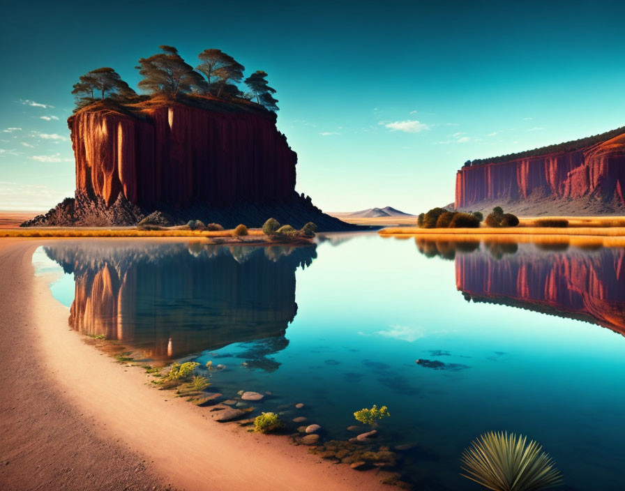 Tranquil landscape: blue lake, tree-topped mesa, red cliffs, sunset sky