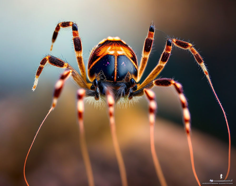 Striped-legged spider with orange-brown body in close-up view