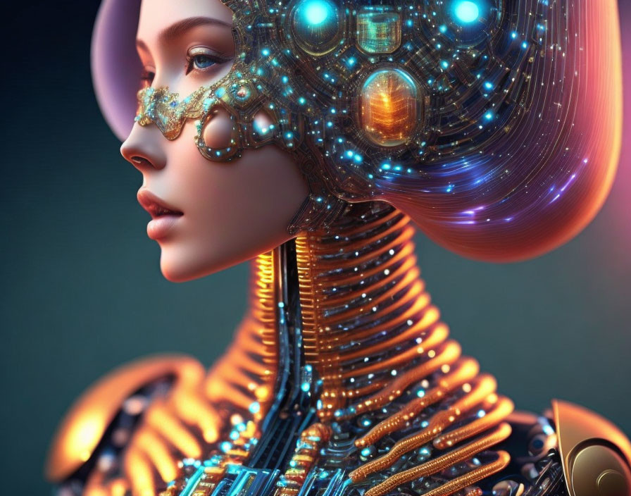 Detailed Metallic Neck Structure and Elaborate Headpiece with Glowing Orbs and Rings