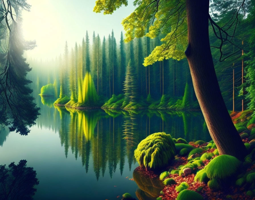 Tranquil Forest Lake with Lush Greenery and Soft Sunlight