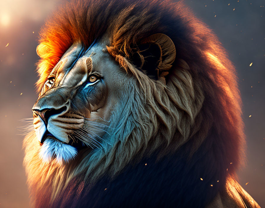 Majestic lion with luminous mane in starry sky backdrop