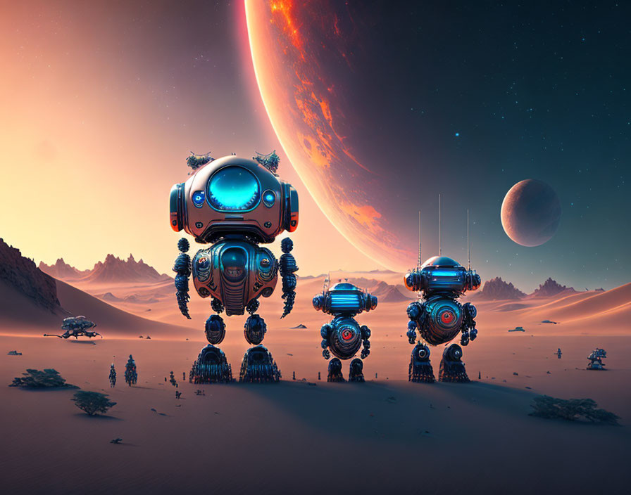 Futuristic desert scene with advanced robots and celestial bodies