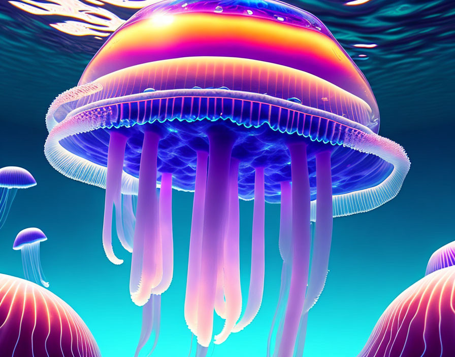 Colorful Jellyfish Illustration with Iridescent Tentacles Underwater