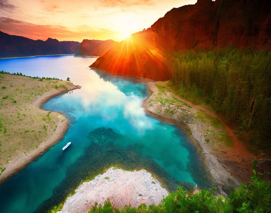 Scenic sunset over curved river with mountains, trees, and boat