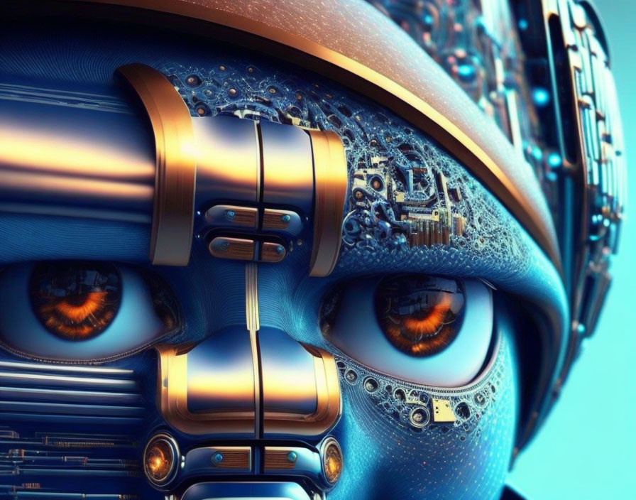 Detailed robotic face with orange eyes on blue background