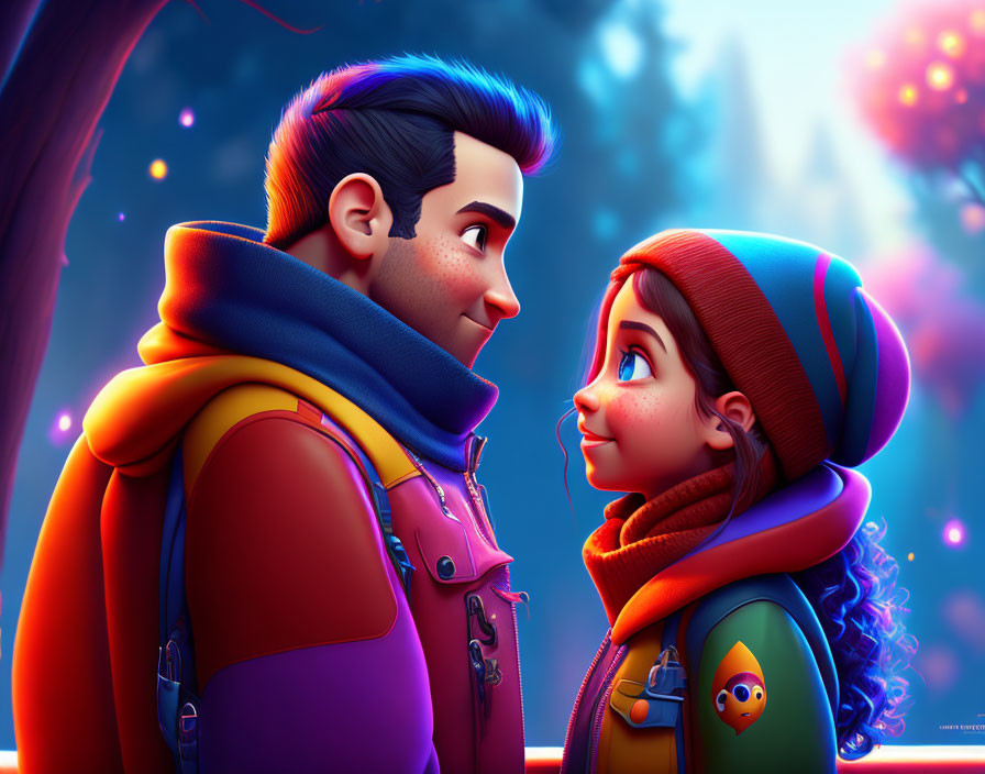 Animated characters in blue and green jackets with colorful beanies in warm glowing background