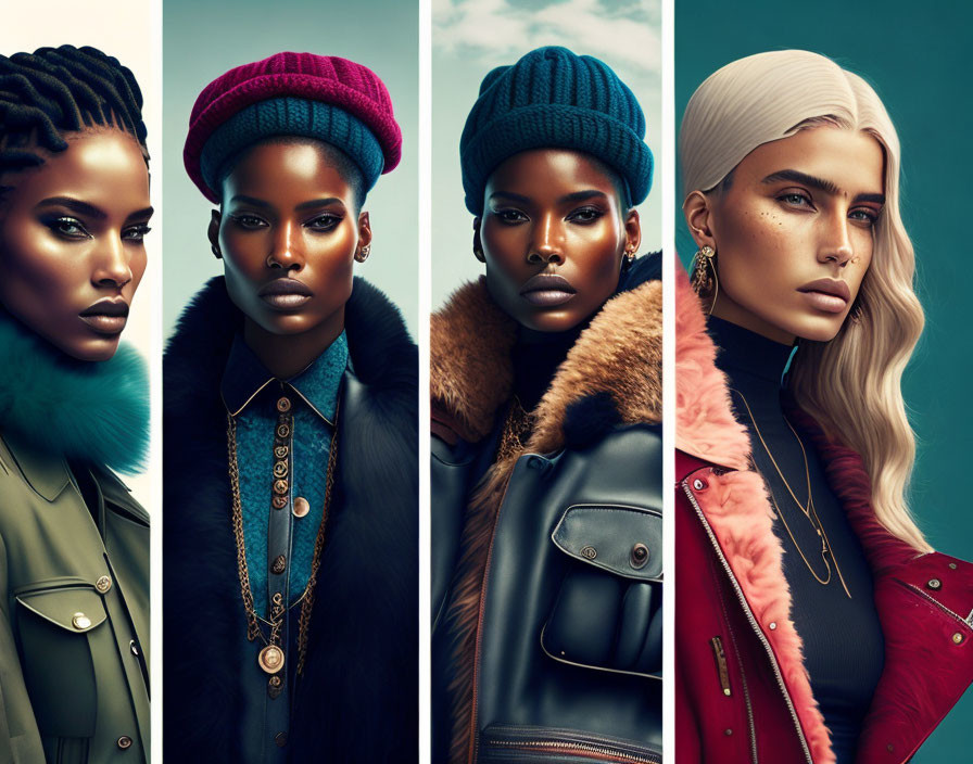 Fashion models showcase diverse hairstyles and stylish outfits with beanies on a solid background.