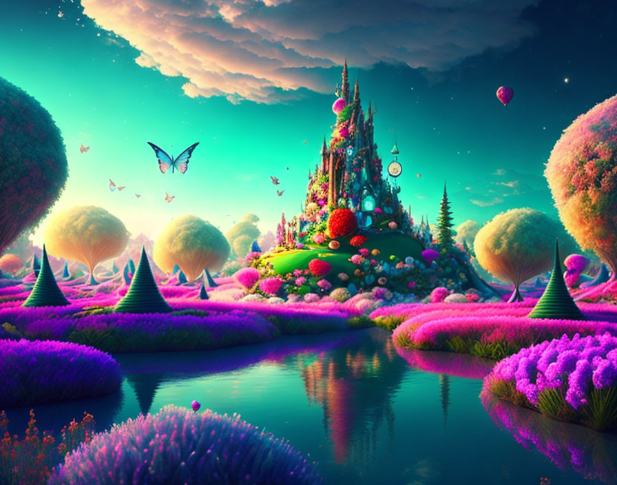 Whimsical castle in vibrant fantasy landscape