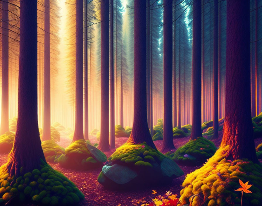 Majestic forest scene with tall trees, moss, sunbeams, and autumn leaves