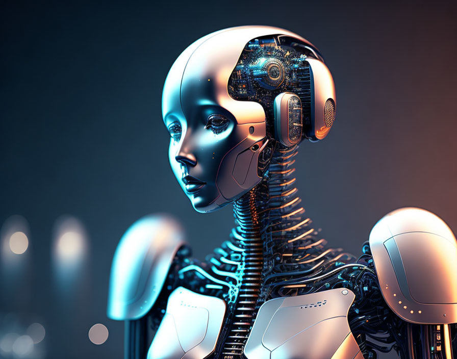 Detailed futuristic robot with human-like features and complex mechanical neck on bokeh-lit background