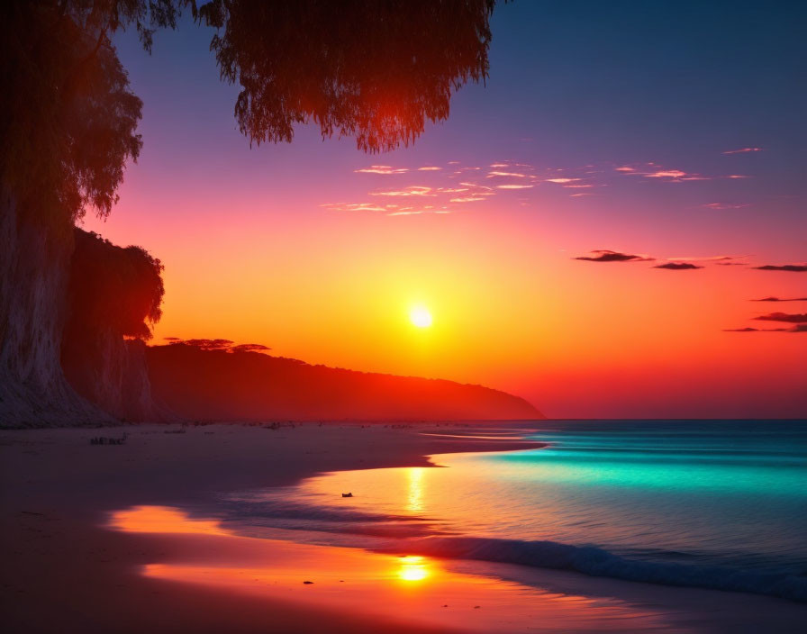 Tranquil sunset beach scene with orange and pink sky reflecting on blue waters