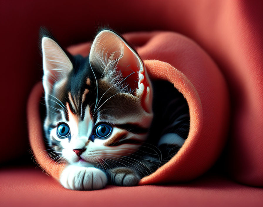 Adorable kitten with blue eyes and stripes peeking from orange blanket