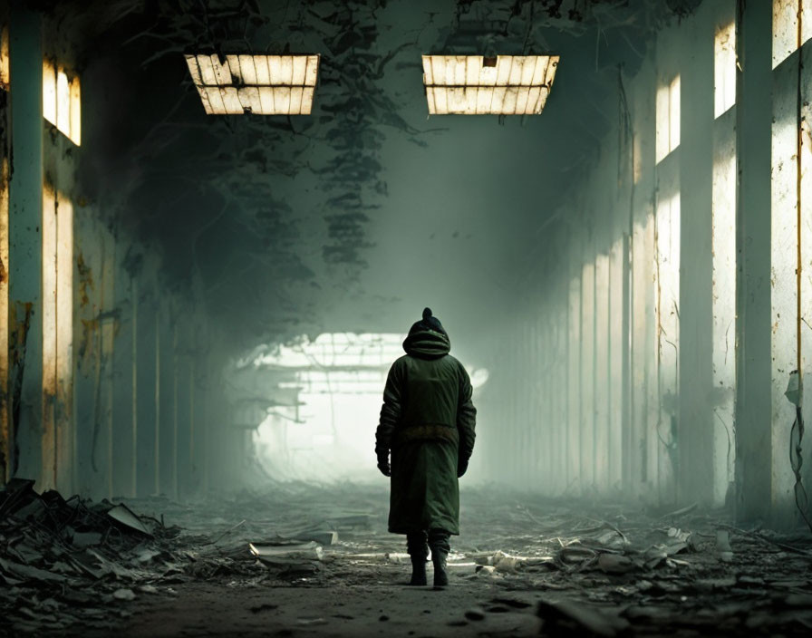 Person in Green Coat Walking Through Dilapidated Hallway