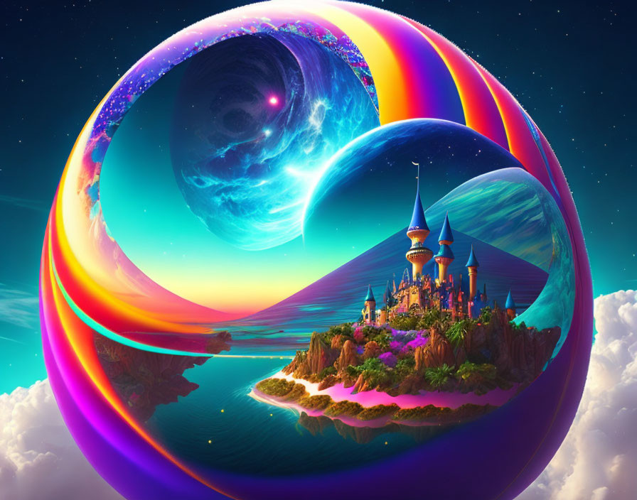 Fantastical landscape with vibrant castle on island and surreal rainbow structure