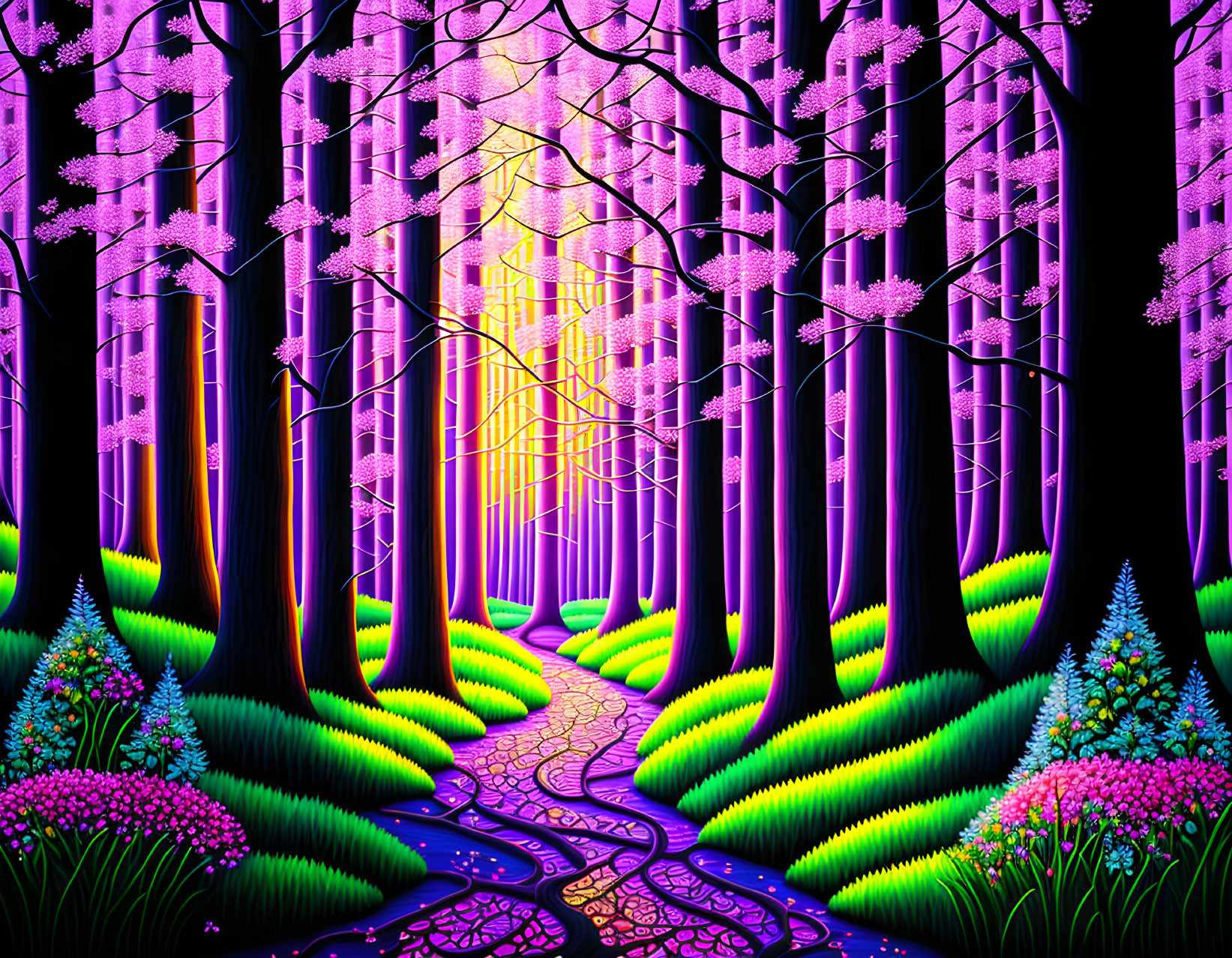 Fantastical neon-lit forest with glowing trees and radiant floral undergrowth