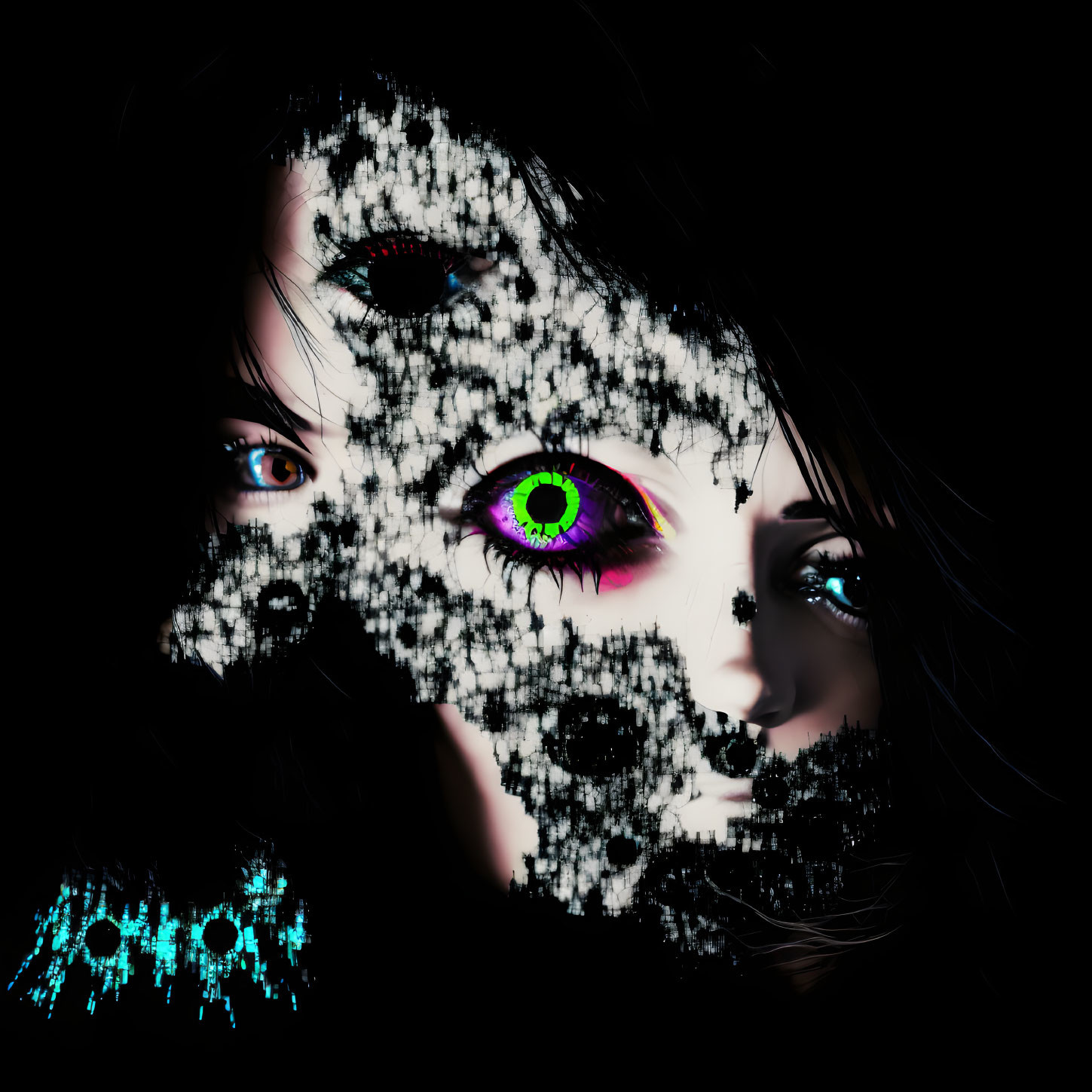 Woman's face with pixelated effect and vibrant green eye.