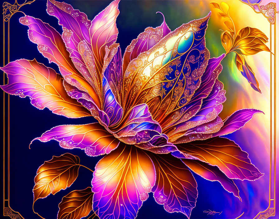 Colorful digital artwork: Fantasy flower with glowing purple, pink, and gold petals and intricate golden patterns