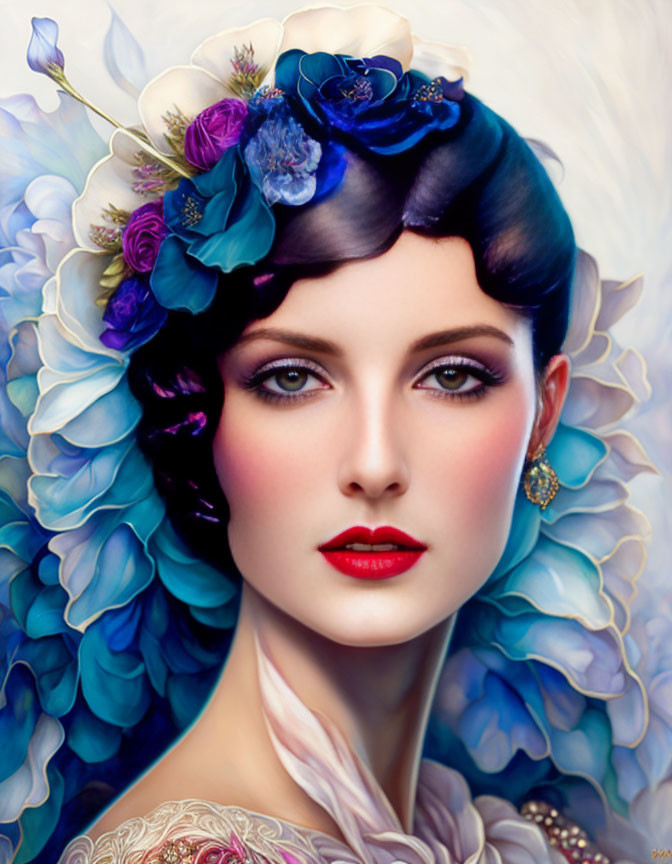 Portrait of woman with floral headpiece, blue and purple hues, detailed makeup, and shoulder tattoo.