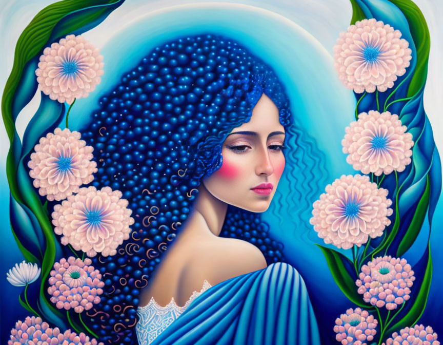 Colorful illustration: Serene woman with blue hair, stars, pink flowers, and green leaves on