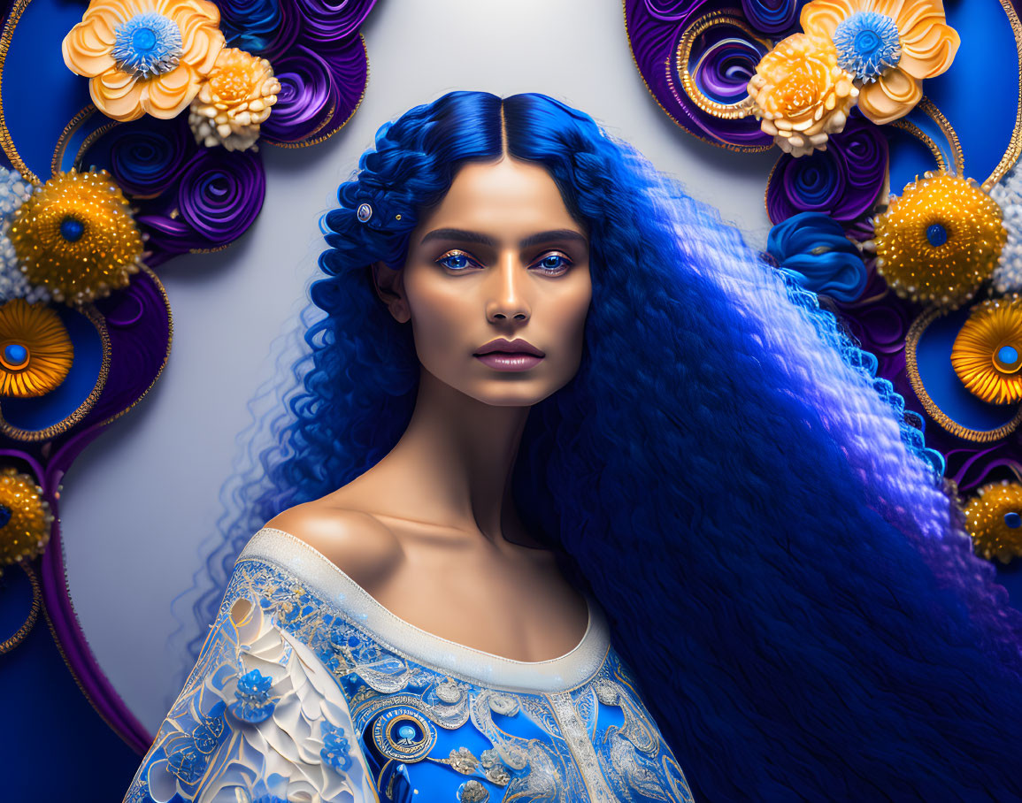 Vibrant blue hair woman with matching makeup and stylized floral details