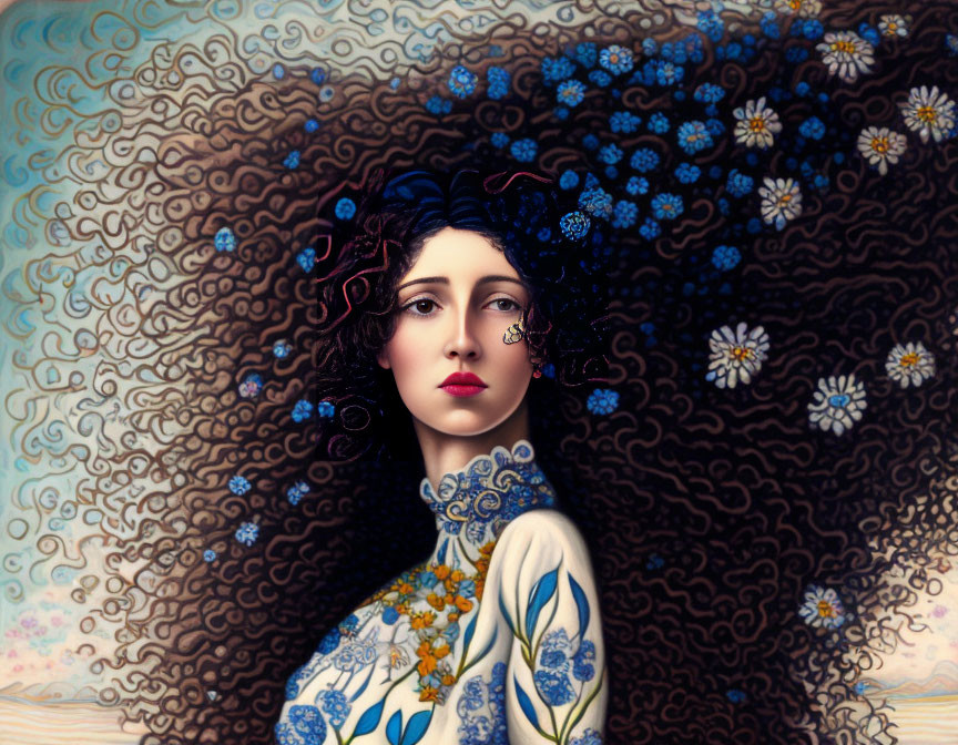 Woman with Curly Hair and Blue Flowers on Ornate Background