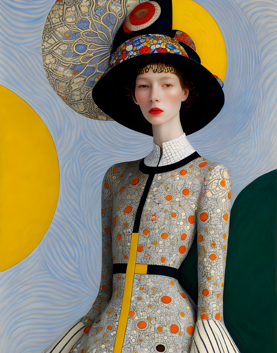 Stylized portrait of woman in patterned outfit with large brimmed hat against swirling yellow and