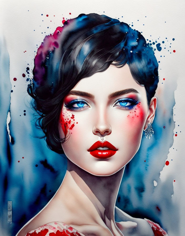 Stylized portrait of a woman with blue eyes and red makeup on white background