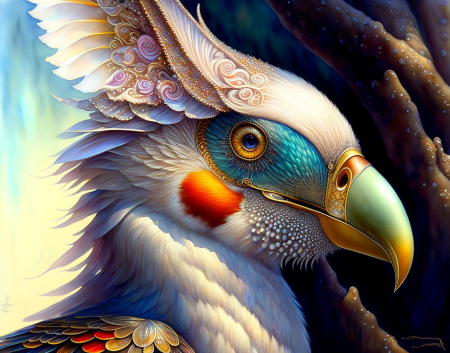 Vibrant bird illustration with intricate patterns and vivid blue eye