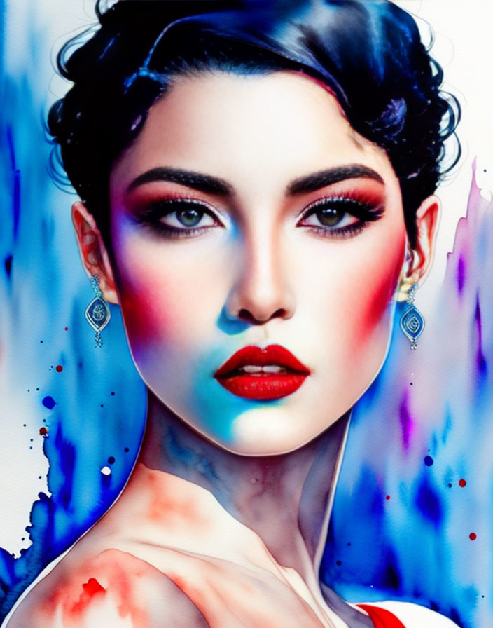 Woman Portrait with Striking Makeup and Watercolor Effects in Blue and Red