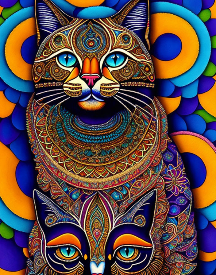 Colorful Psychedelic Cat Artwork with Intricate Patterns