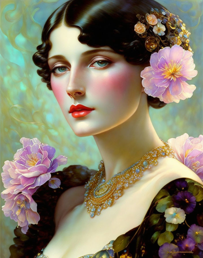 Classic Portrait of Woman with Porcelain Skin and Vibrant Flowers