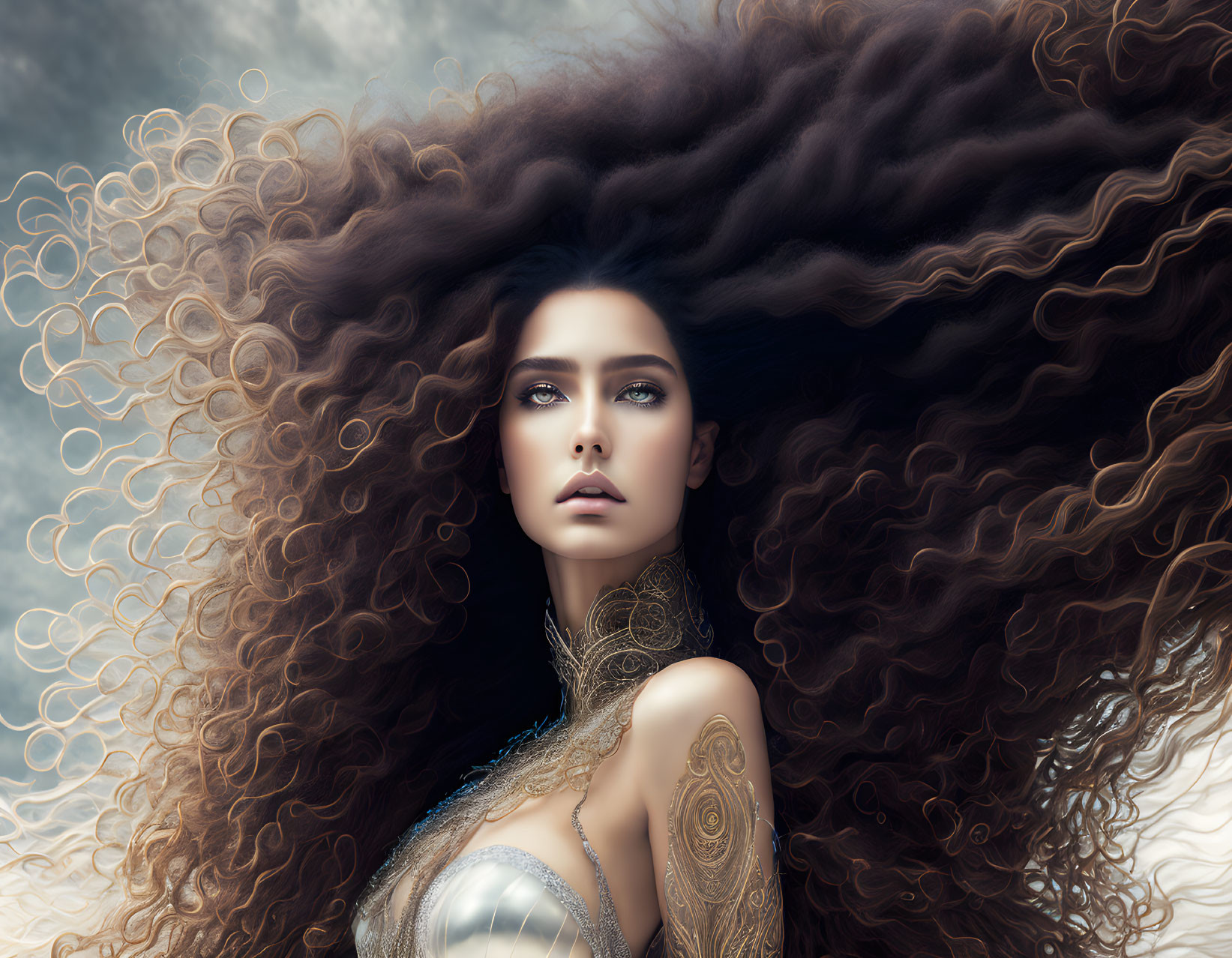 Curly Brown-Haired Woman with Body Art Against Cloudy Sky